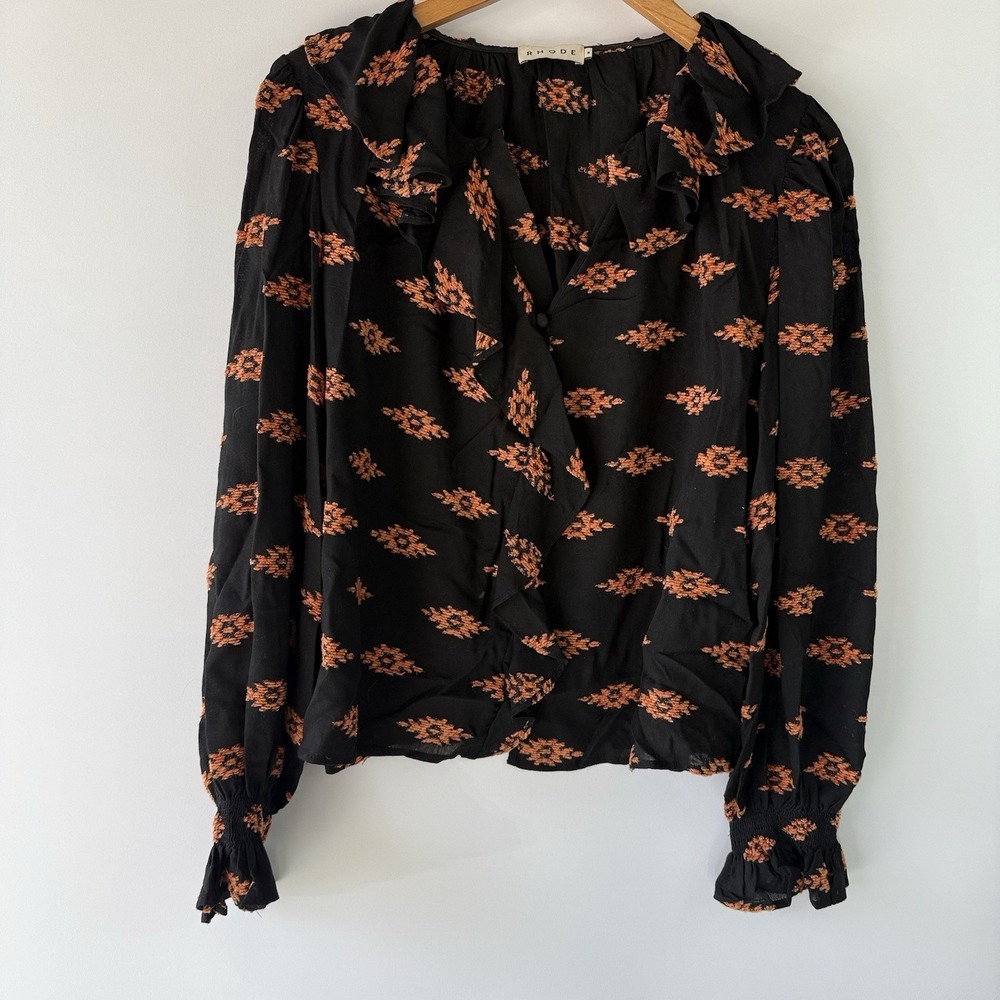 RHODE Nessa‎ Print Ruffle Top Womens M Tie Blouse Black Orange Ikat